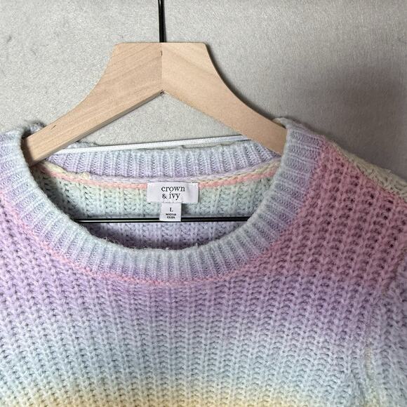 Crown & Ivy Crew Neck Sweater Rainbow Color Cable Hand Knit Wool Blend Size L - Picture 4 of 8